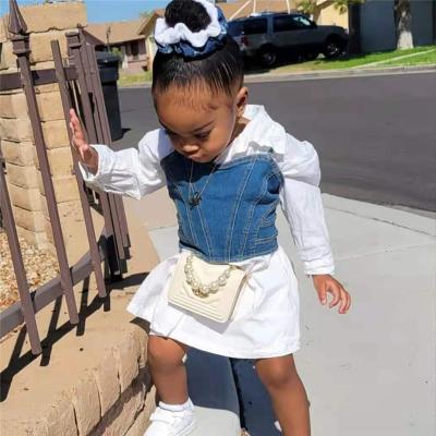 China INS Washable Fashion Autumn Kids White Shirt Dresses 2021 Baby Long Sleeved Shirt+Denim Vest 2pcs Set for sale