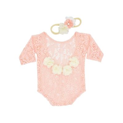 China 0-3M Newborn Baby Flower Breathable Elegant Baby Clothing Romper Headband 2pcs Sets Chiffon Summer Long Sleeve Photography Props for sale