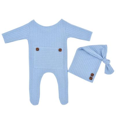 China Breathable Stylish Simple Baby Jumpsuit Outfits Knitted Romper 2pcs Long Tail Hat Set Newborn Photography Props for sale