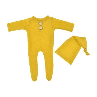 China Fashion Plain Breathable Mohair Newborn Baby Romper And Long Tail Hat 2pcs Sets Soft Knitted Baby Photography Props Outfits for sale