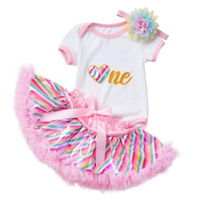 China Best Breathable Birthday Gift For Babies Princess Newborn White Short Sleeved Romper+TUTU Skirt+Headbands 3Pcs Set Infant Outfits for sale