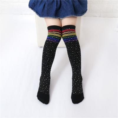 China Breathable Spring Autumn Rainbow Striped Kids Girl Knee High Hoops Rhinestone Cotton Kids Bling Glitter Stockings for sale