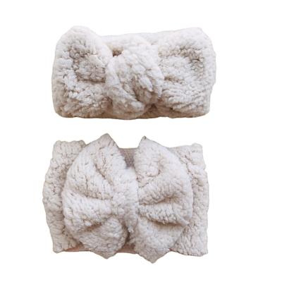 China European and American style new design plain color baby headbands 2pcs set lambswool winter DIY big bow baby warm headbands for sale