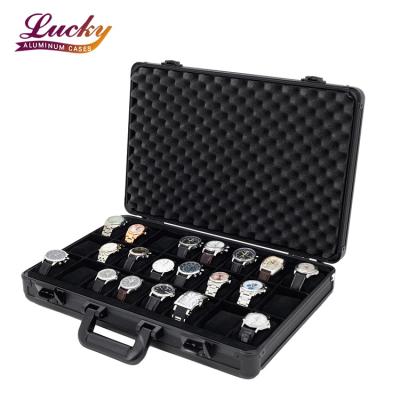 China Black Aluminum Watch Case Aluminum Briefcase Design For 24 Watches With Removable Soft Cushions for sale