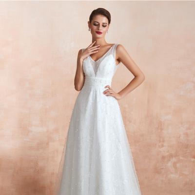 China Custom Made Fashion Anti-Static A Line Backless Pearl White Wedding Dress 2020 Wedding Dress for sale