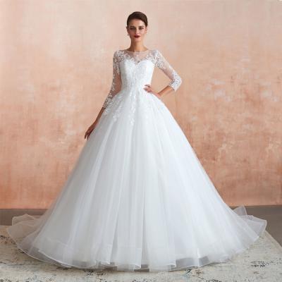 China 2021 Elegant Women Bridal Wedding Dress Bridal Lace Ball Gown Anti-static Long Puffy Sleeves for sale