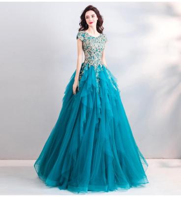 China High Quality Anti-Static Women Royal Blue Wedding Dresses A Line Short Sleeve Lace Organza Bridal Ball Gown and Tulle Wedding Dress for sale