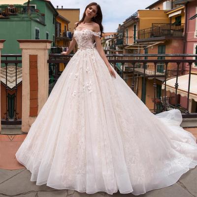 China 2021 New Anti-static Best-selling Romantic Beaded Flowers Lace Off Shoulder Princess Bridal Dresses Puff Tow Skirt Wedding Dress for sale