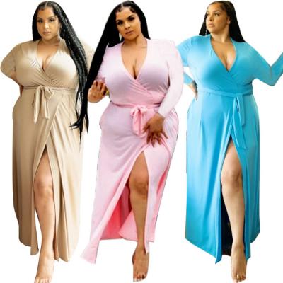 China 2021 New Anti-Static Women's Tie Up Sexy Slit Solid Color Loose Plus Size Dress for sale