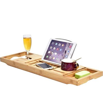 China Natural Wholesale Bath Tray Expandable Bathtub Tray Bamboo Shower Bath Wooden Tray Caddie with Extending Side for sale