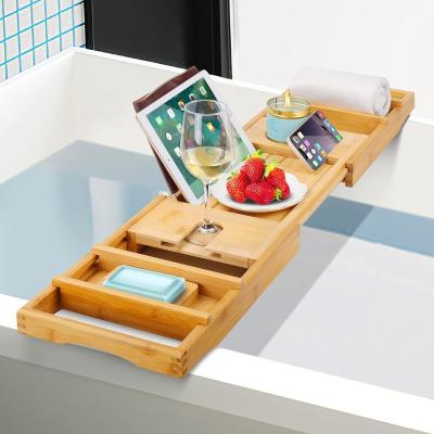 China Natural Bamboo Bathtub Rack, Bath Tub Shelf Tray with Phone Glass & Candle Holder for sale