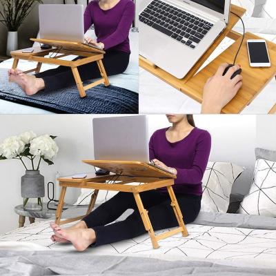 China Foldable Bamboo Lap Desk Portable Breakfast Serving Bed Tray with Tilting Top Drawer for sale