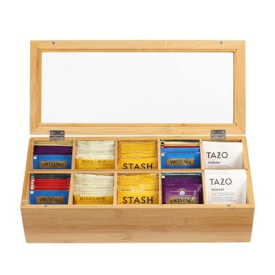 China CLASSIC High Quality Eco Friendly eight Compartments Personalized Wooden Bamboo Tea Bag Storage Box With Clear Lid for sale