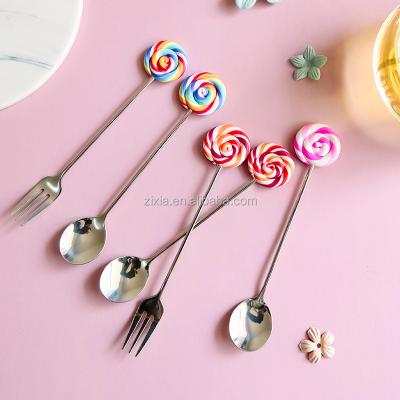 China Sustainable Lollipop Handle Spoon And Fork Set Stainless Steel Coffee And Tea Spoon Mini Size for sale