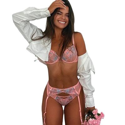 China High Quality Good Quality Sexy Lingerie Women's Sexy Lingerie Embroidery Perspective Hollow Floral Bra Mesh Sexy Lingerie Set for sale