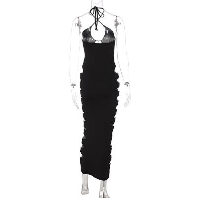 China New Hollow Asymmetrical Skinny Elegant Breathable Hang Neck Maxi Dress Black Sexy Backless For Women for sale