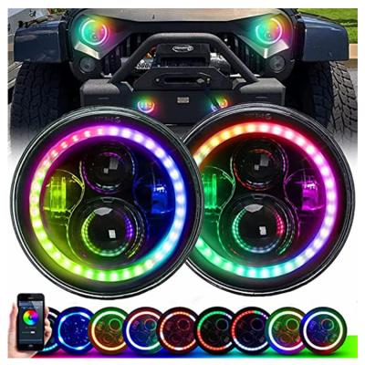 China 7 Inch Round Car Headlights with RGB LED Halo High Low Beam Aluminum Sealed Beam Headlamps for sale