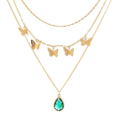 China CLASSIC Three-Dimensional Butterfly Metal, Elegant Green Drop-Cut Faceted Multilayer Zircon Pendant Necklace For Women for sale