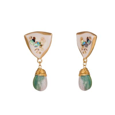 China Factory Wholesale Fashionable white natural stone spot small shell earrings alloy color triangle women earrings for sale