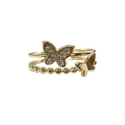 China Wholesale Fashion Romantic Gold Plated Brass Exquisite Zircon Stain Ladies Butterfly Ring Girl Adjustable Size Gift for sale