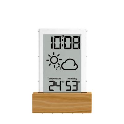 China Traditional wood-like finish digital alarm clock with weather station and indoor temperature humidity for sale