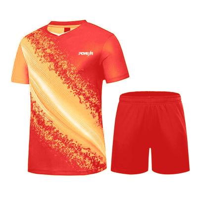 China Anti-Pilling Red And Yellow Badminton Shirts Badminton Tank Top Designs Sublimated Badminton Wear Set for sale