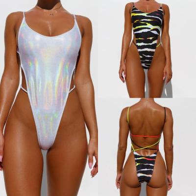 China Antibacterial Shiny Foil Print Shiny High Cut Women's Swimsuit Thong One Piece Swimwear At Good Price for sale