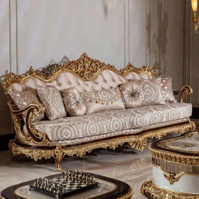 China French style picture handmade solid wood carving fabric and antique classic wood sofa furniture solid wood carving sofa set for sale