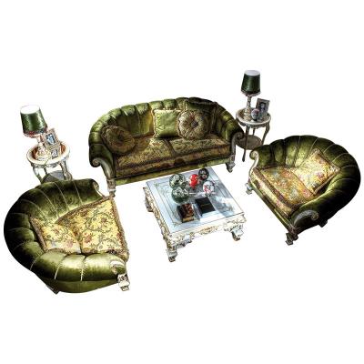 China Handmade Solid Wood Carving Luxury Antique Green Velvet Solid Wood Carved Handmade Sofa Set Furniture Antique Classic Living Room Sofa Design for sale