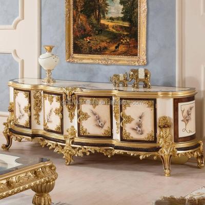 China Manual Solid Wood Carving Luxury French Classic Living Room Furniture Antique Rococo TV Cabinet Set for sale