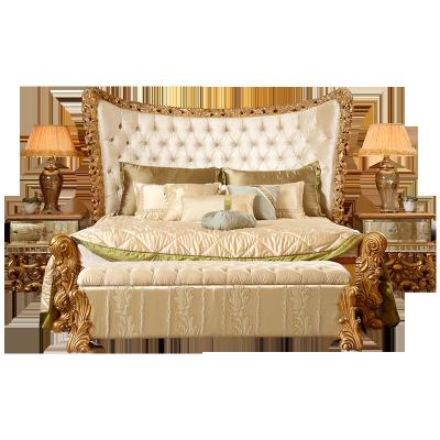 China Customized King Size Fabrics Luxury French Bedroom Furniture European Style Gold Leaf Hand Carved Solid Wood Bed for sale