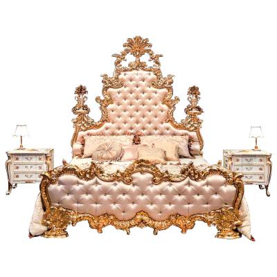 China Handmade Solid Wood Carving Bed Luxury French Classic Italian Manual Solid Wood Cloth Bedroom Furniture Fabric Carving Bed for sale