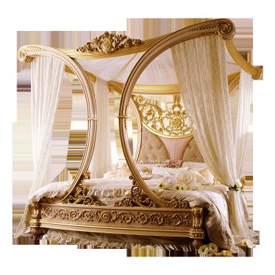 China European Luxury Style Bedroom Furniture Palace Wood Carving Antique Gold Hand Carved Solid Wood Canopy Bed for sale