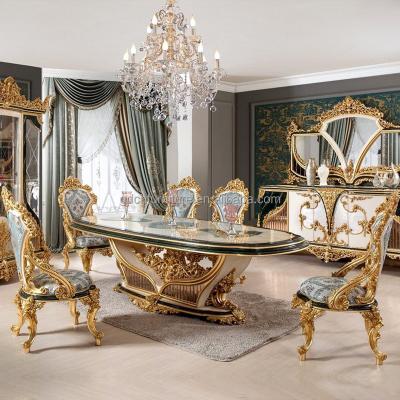 China Hand carved solid wood European classic antique dining table and chairs set for villa home restaurant dining room furniture sets for sale