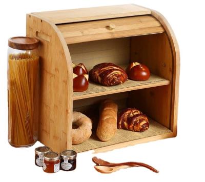 China Wholesale Sustainable Bambusbrotkasten Bamboo Bread Box With Detachable 2 Layers Silverware Basket Bread Storage Bin For Kitchen for sale