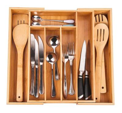 China Sustainable Bandeja De Bambu Premium Cutlery Drawer Storage Box Drawer Divider Tray Bamboo Expandable Cutlery Tray for sale