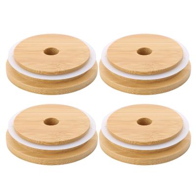 China Non Spill Bamboo Lids Mason Jar Canning Caps Reusable With Straw Hole Non Leakage Silicone Sealing Lids Wooden Drinking Jar Supplies for sale