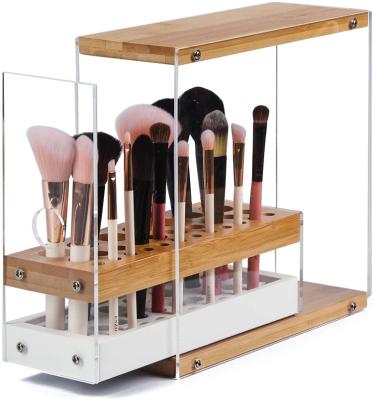 China Bambus 31 Holes Bambus Bamboo Brush Holder Stand Holder Acrylic Bamboo Holder Viable Beauty Cosmetic Display for sale