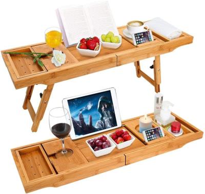 China Bambo Tub Caddy Extendable Sides With Book Tablet Holder Viable Cell Phone Tray Integrated Wine Glass Holder for sale