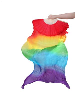 China Wave Style Rainbow Real Silk Belly Dance Fan Attractive In Dancing Performance for sale