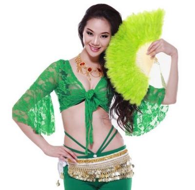 China Turkey Feather Belly Dancing Fans In Green Color For Lady Dancers 42 X 26cm for sale