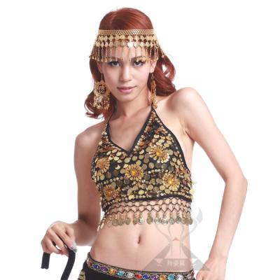 China Flared Sleeve Sequin Halter Belly Dance Coin Tops With Shining Flower Pattern for sale