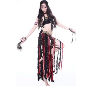 China Adult Handmade Wild Tribal Belly Dancing Costumes Suit Black Mixing Dark Red for sale