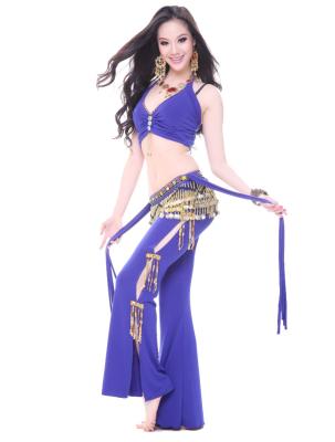 China Handmade Mesh Blue Professional Belly Dance Costumes With Golden Coins Tassels for sale