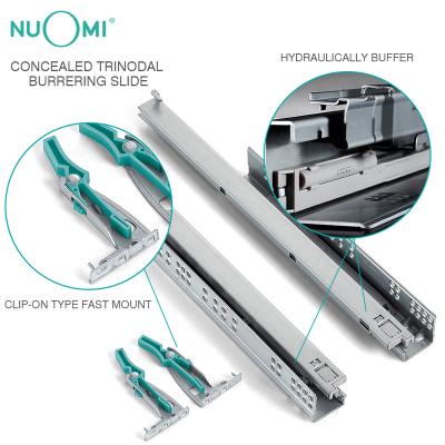 China Quick Mounted NUOMI Kitchen Home Furniture Push Rail Guide Soft Open Narrow Hydraulic Drawer Sliding Undermount Slide Drawer Runners Box for sale