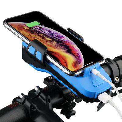 China PORTABLE Multi-Function 4 in 1 Bicycle Accessories Light Flashlight Bike Horn Alarm Bell Phone Holder Power Bank Bike Cycling Front Light for sale