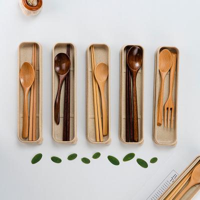 China Economical Sustainable Wooden Portable Travel Gift Box Tableware Japanese Style Solid Wooden Chopsticks Administer Fork Spoon Set for sale