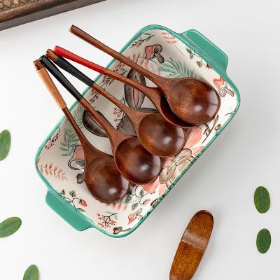 China Japanese Style Handle Wire Binding Small Sustainable Wooden Soup Stirring Teaspoon Solid Wood Spoon With Painted for sale