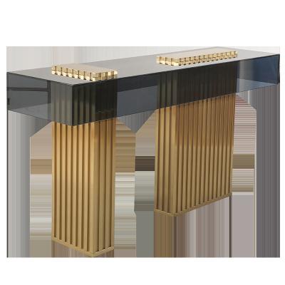 China Wohnzimmer Edelstahl-Konsole Tisch Wand Tisch mit gebürsteten Gold Grau Acryl Top Metallbeine zu verkaufen