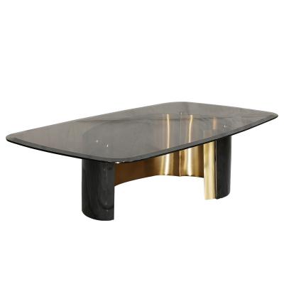 China Satin Finish Tempered Glass Coffee Table Brushed Gold Rectangle Coffee Table for sale